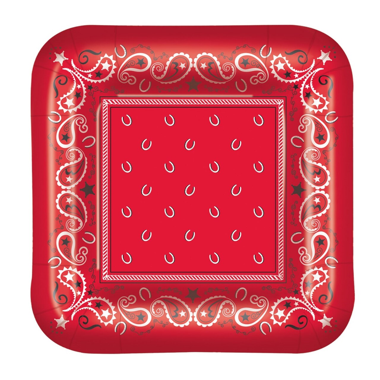 Party Central Club Pack of 96 Red and White Disposable Paisley Bandana Paper Party Banquet Dessert Plates 7"